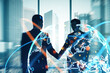 © Who is Danny - Young businessmen silhouettes shaking hands on creative corporate interior background with panoramic windows and city view. Future, teamwork, job, success and career concept. Double exposure.