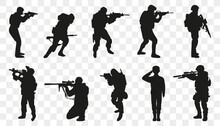 Soldier Silhouette Collection With Weapon In Black. Army Troops Silhouette. Soldier And Army Force Silhouette Collection For Veterans Day. Set Of Army Soldier Icons. Black Soldiers Silhouette Isolated