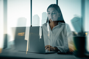 Aufkleber - Young businesswoman silhouette using laptop computer while sitting at desk in creative corporate interior with windows and city view. Future, job, success and career concept. Double exposure.
