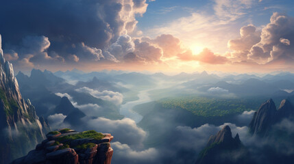 Sticker - The sun shines over a mountain range with clouds in the background, AI