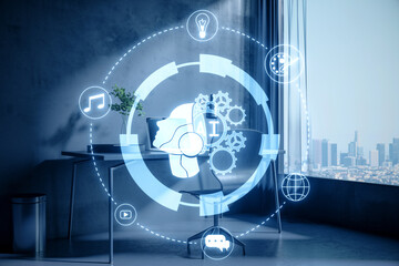 Poster - Creative glowing round head outline ai hologram on blurry office interior background with city view. Machine learning, artificial intelligence and innovation concept. Double exposure.