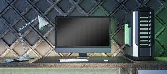 Poster - Creative gamers desktop with empty computer display, lamp and system unit on decorative black wall background. Gaming concept. Mock up, 3D Rendering.