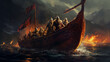 Viking ship on the calm sea  with mountains scenery. digital painting