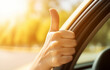 Hand gesticulate thumb up and car driver window over summer nature background. Travel car vacation concept. Generated AI
