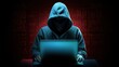 cybersecurity vulnerability Log4J and hacker, coding, malware concept. Hooded computer hacker in cybersecurity vulnerability Log4J on server room background. metaverse digital world technology.