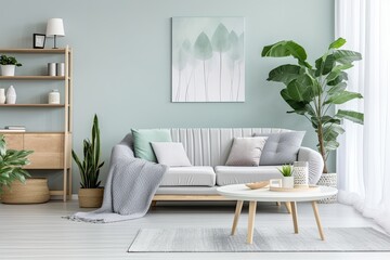 White living room with green plants. Room with table and white couch.