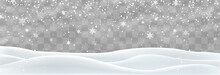 Snow Flakes, Snow And Blizzard Falling On Snowdrifts. Snow Landscape Decoration, Frozen Hills Isolated On Png Background. Vector Heavy Snowfall With Snowbanks Field. Christmas Vector Illustration