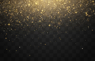 Wall Mural - Glitter gold particles shine effect on png background. Vector luminous magical dust, dusty shine. Stardust particles on transparent background. Golden explosion of confetti