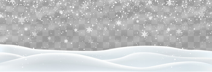 Snow flakes, snow and blizzard falling on snowdrifts. Snow landscape decoration, frozen hills isolated on png background. Vector heavy snowfall with snowbanks field. Christmas vector illustration