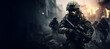 Special forces soldiers in action with assault rifle on the battlefield, Military war forces in action during a combat mission, War Concept illustration banner