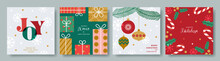 Merry Christmas And Happy New Year Set Of Greeting Cards. Modern Geometric Xmas Design With Typography,  Christmas Tree And Balls, Gifts, Holly, Candys. Vector Templates Banner, Poster, Holiday Cover.