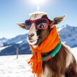 Lustige Ziege im Winter in den Bergen trägt eine Sonnenbrille und einen Schal