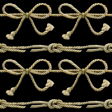 Seamless pattern of watercolor rope cords with bow knots. Hand drawn illustration. Hand painted elements on black background.