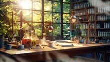 Laboratory Room With Garden View.  Anime Or Cartoon Style. With Anime Or Cartoon Style. Seamless Looping Time-lapse Virtual Video Animation Background.	
