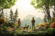 A 3D Model Of A Person And Their Pet In A Serene Natural Setting, Like A Forest Or A Beach, Representing The Harmony Between Humans And Nature Through Their Animal Companions