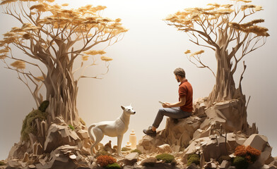 Wall Mural - A 3D model of a person and their pet in a serene natural setting, like a forest or a beach, representing the harmony between humans and nature through their animal companions