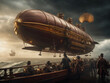 Epic steampunk scene featuring a massive airship navigating through stormy skies with adventurers aboard.