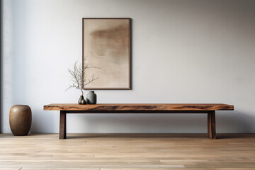 Wall Mural - Minimalistic modern wooden table in living room with nature light.