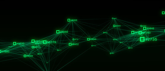 Poster - Block chain technology concept. Big data visualization. Artificial intelligence. Green network connection structure. Abstract digital background with matrix. 3d rendering.