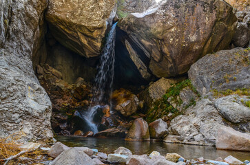 Gulkamsay waterfall in Chimgan mountains (Bostanliq district, Tashkent region, Uzbekistan)