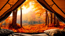 Traveler Holding Coffee Relaxing Inside A Orange Tent And Enjoy The View Of Sunset On Pine Forest In National Park. AI Generated