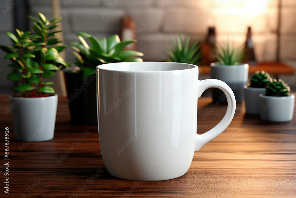 Mockup of a white coffee mug in a cafe, next to potted plants and on a ...