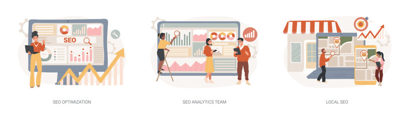 Poster - Website optimization isolated concept vector illustration set. SEO analytics team, local SEO, search engines page rank, keyword and link building, internet promotion, visibility vector concept.