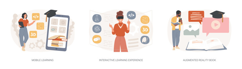 Poster - Interactive learning isolated concept vector illustration set. Mobile learning, augmented reality book, m-learning application, e-learning platform software, digital content vector concept.