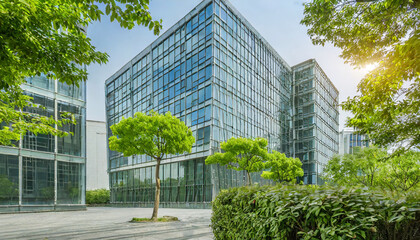 modern office building with green trees