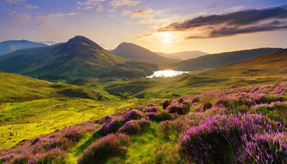 sunset over scottish highlands landscape with purple heather blooms green rolling hills lochs leading to distant mountains beauty generative ai