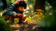 A child explores nature with a magnifying glass. Generative AI,