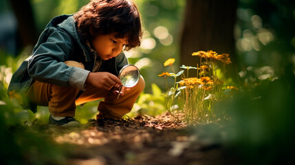 Wall Mural - A child explores nature with a magnifying glass. Generative AI,