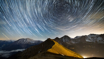 Poster - star trails circling above mountains generative ai