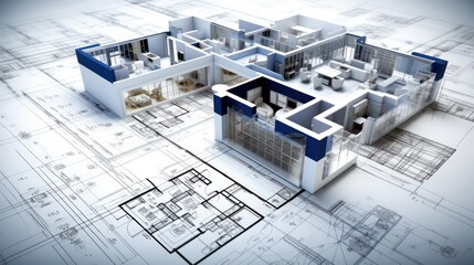 Wall Mural - Building house on blueprints - construction project.
