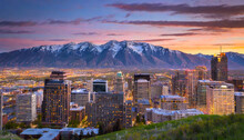 Salt Lake City Skyline At Sunset With Wasatch Mountains In The Background Utah