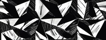 Seamless Painted Traditional Japanese Asanoha Hemp Leaf Black White Artistic Acrylic Paint Texture Background. Tileable Geometric Oriental Origami Star Lines Motif Wallpaper Pattern