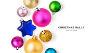 Colorful Christmas Balls Frame Border Isolated On White Background.