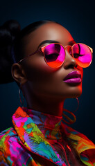 Wall Mural - Fashion portrait of african american woman with pink vivid sunglasses and neon clothes on dark background