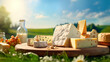 Milk and dairy products against the backdrop of a meadow with grazing cows. Generative AI,
