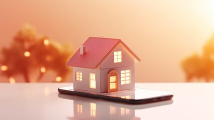 Wall Mural - 3d small house model on smartphone copy space 