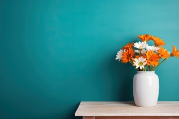 Wall Mural - Daisy flowers bouquet in orange vase on white wooden coffee table near turquoise wall background. Interior design of modern living room with space for text.