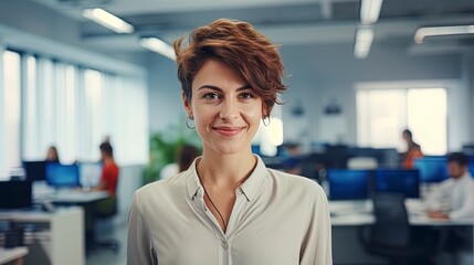 portrait of beautiful professional businesswoman with short brown hair looking at the camera with a 