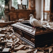A White Pigeon Is Sitting On A Wooden Box In The Middle Of Wood Debris