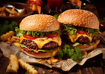 Two juicy tasty beef cheeseburgers with lettuce and sauce and chips on paper background in restaurant.Macro.AI Generative