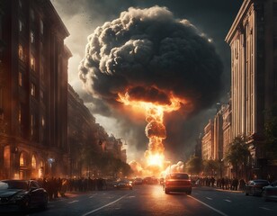 A nuclear explosion in the city. View from the street, road buildings and cars.