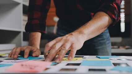 UX graphic designer planning application process development prototype wireframe for web smart phone. Creative digital development agency. in office
