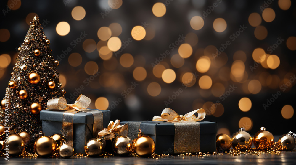 Christmas Tree with Christmas Presents on Gold and Black Twinkle ...