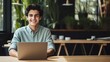 Smiling Teen Latino Man with Brown Straight Hair Photo. Portrait of Business Person in the office in front of laptop. Photorealistic Ai Generated Horizontal Illustration.