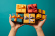 Hands full of gift boxes holiday background