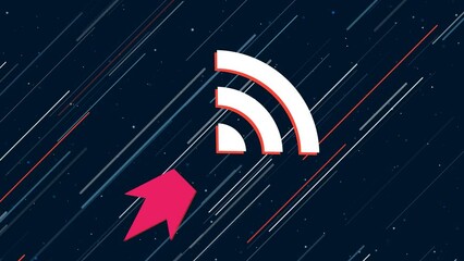 Poster - Wifi symbol flies through the universe on a jet propulsion. The symbol in the center is shaking due to high speed. Seamless looped 4k animation on dark blue background with stars